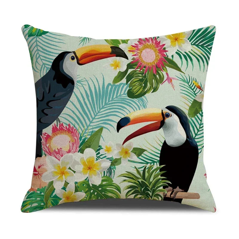Tropical Birds Linen Pillowcase Set for Decorative Throw Cushions by Axyaa