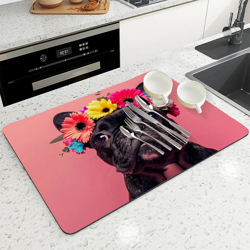 Axyaa Absorbent Coffee Dish Mat: Non-Slip Animal & Plant Design, Quick Dry Kitchen & Bathroom Drain Pad