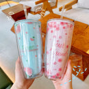 Axyaa Cherry Blossom Straw Water Bottle: Double Layer, Large Capacity Tumbler Cup
