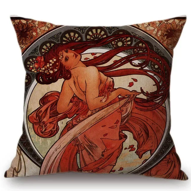 Axyaa Art Nouveau Mucha Gallery Cushion Cover - Beautiful Girl Pattern Linen Pillowcase