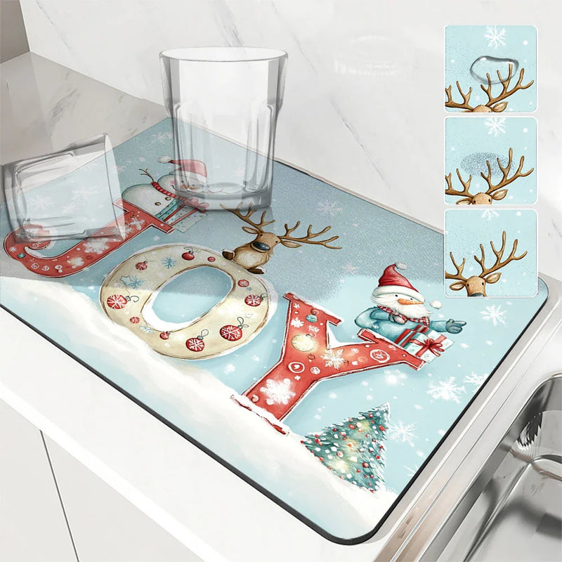 Axyaa Christmas Snowman Dwarf Deer Drying Mat - Festive Kitchen Table Decor
