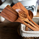 Axyaa Wood Kitchen Utensil Set - Skimmer Spoons, Salad Scoop, Non-Stick Colander