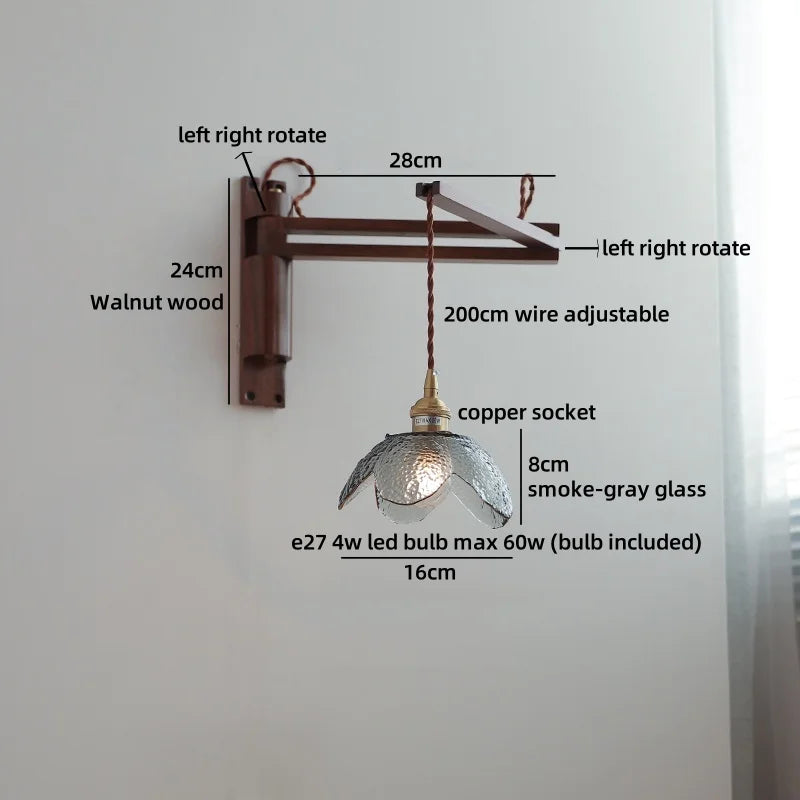 Axyaa Clear Glass LED Wall Sconce with Arm, Black Walnut Wood Stair Light