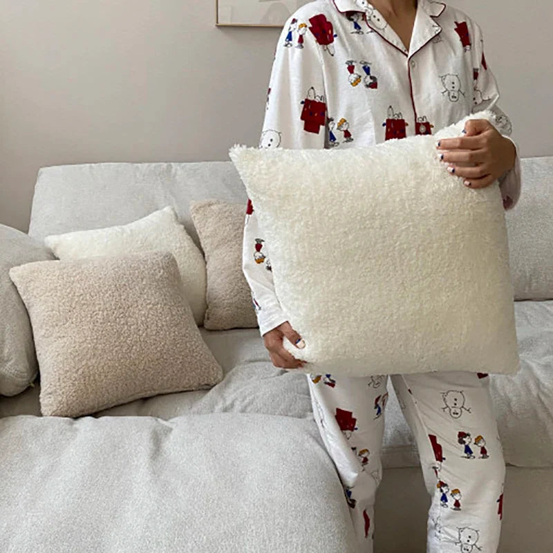 Axyaa White Plush Cushion Cover: Designer Nordic Pillow for Living Room Decor