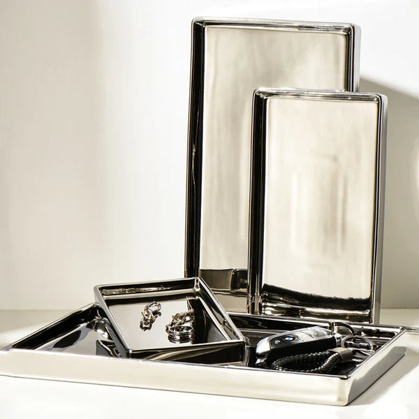 Silver Ceramic Tray, Rectangular Jewelry Storage for Axya - Elegant Home Decor