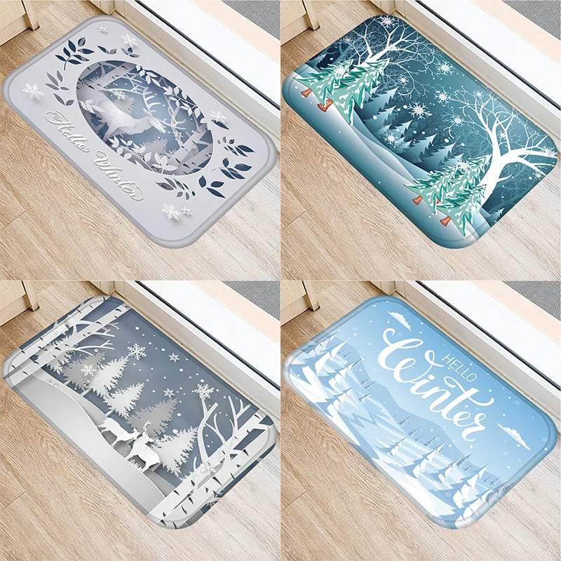 Christmas Snow Deer Pattern Printed Door Mat for Home Decor by Axyaa