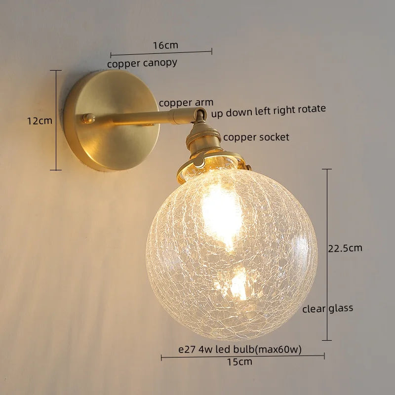 Axyaa Copper Glass Knob Switch LED Wall Light Fixture for Bedroom, Nordic Modern Arandela