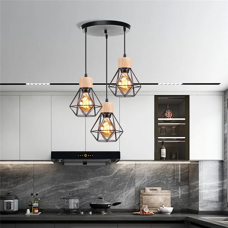 Axyaa Wood Iron Cage Pendant Lamp 1/3 Heads for Living Room Kitchen Restaurant