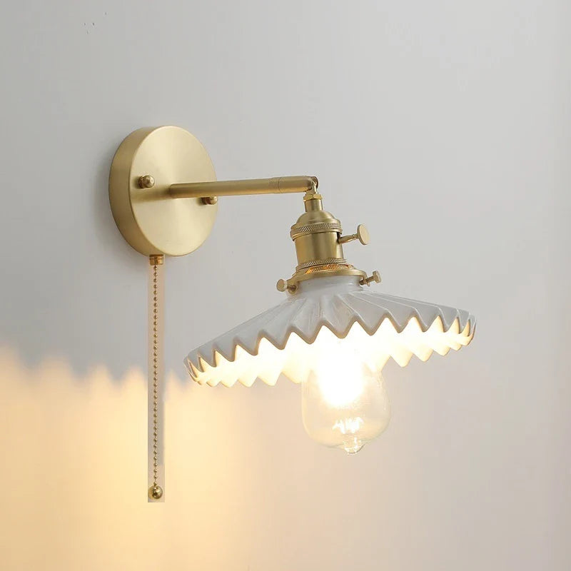 Axyaa Ceramic LED Wall Lamp with Pull Chain Switch - Modern White Black Copper Mirror Light