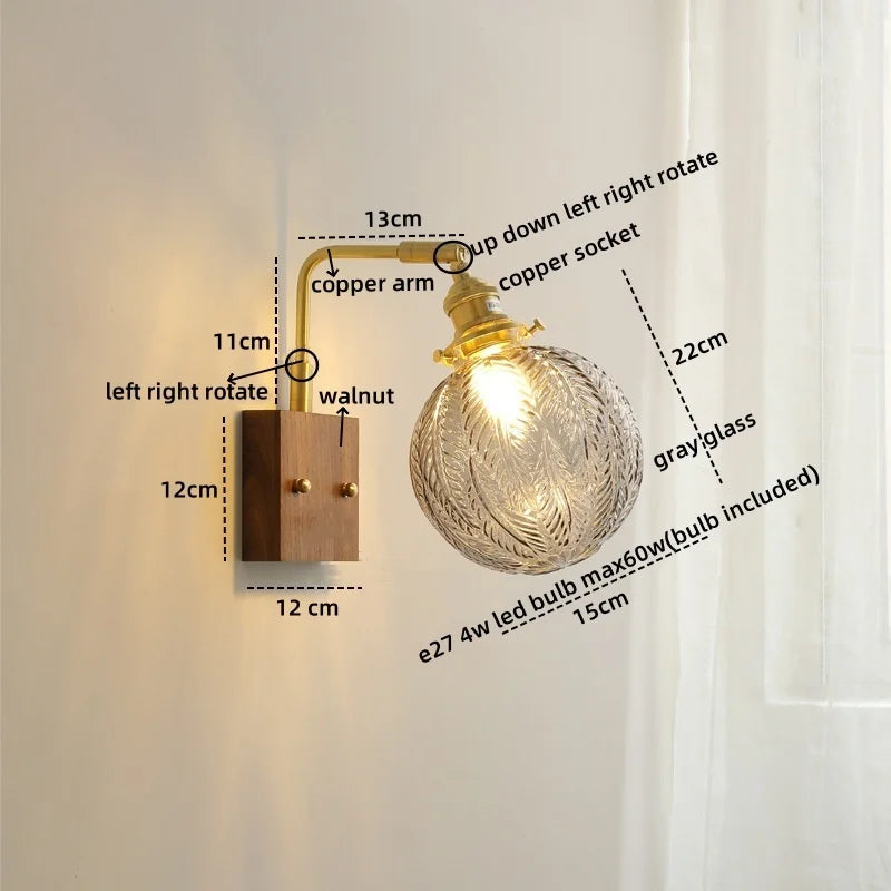 Axyaa Glass Copper LED Wall Lights Modern Bedside Lamp for Home Decor