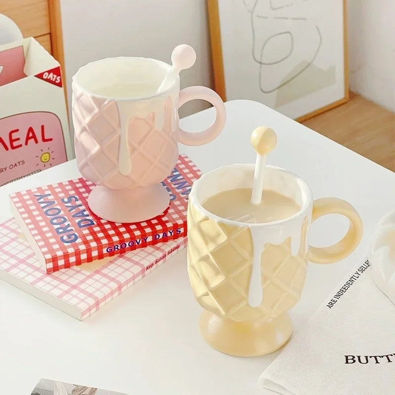 Axyaa Ceramic Ice Cream Coffee Cup with Spoon, High Beauty Milk Cup