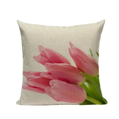 Pink Tulip Linen Cushion Cover - Axyaa 45x45cm Pillowcase