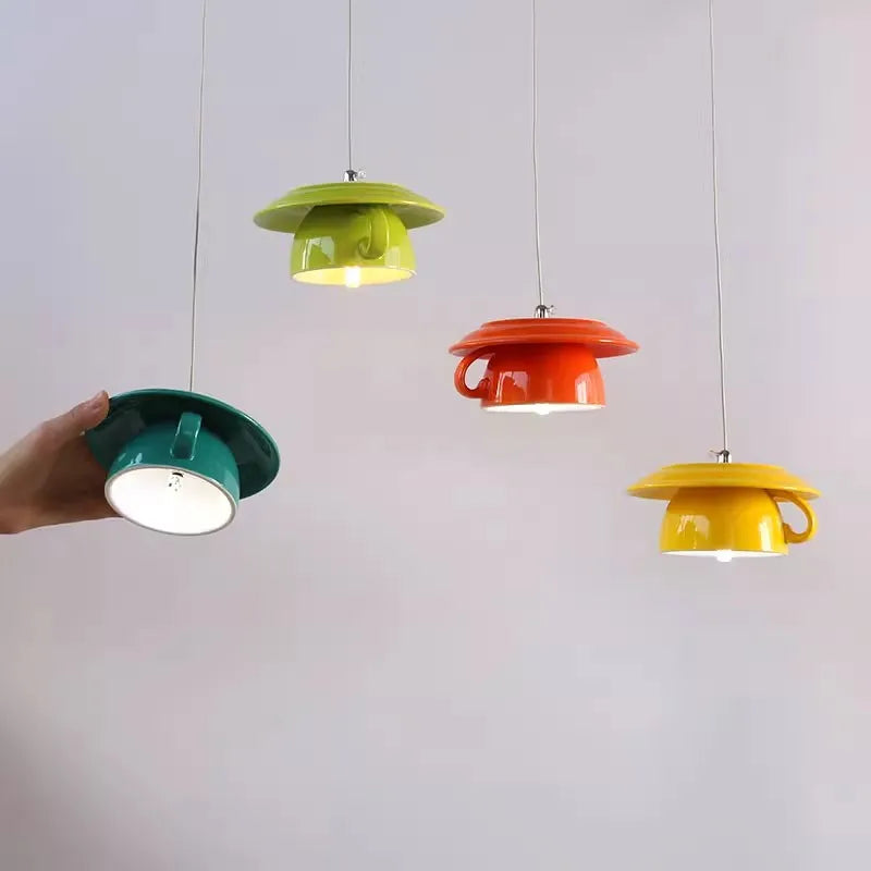 Colorful Tea Cup Pendant Lamps LED Ceramic Hanging Lamp - Axyaa