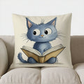 Cute Blue Cat Reading Book Pillow Cover for Sofa, Bedroom, Car - Axyaa