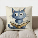 Cute Blue Cat Reading Book Pillow Cover for Sofa, Bedroom, Car - Axyaa