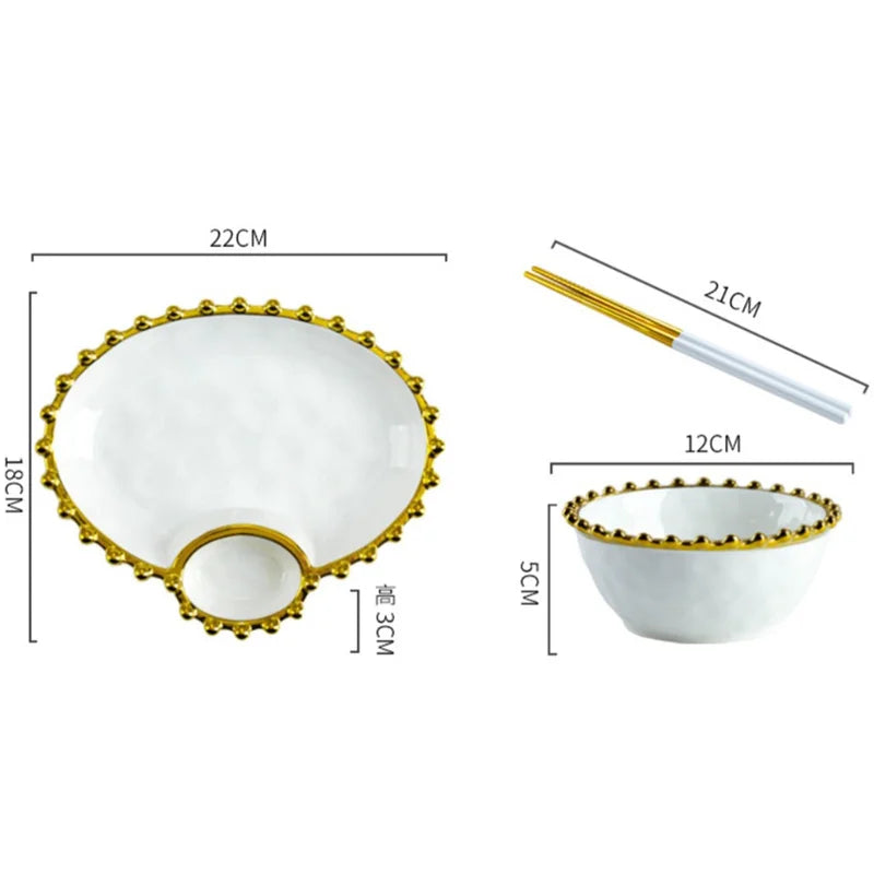 Axya Phnom Penh Beads Ceramic Snack Plate and Porcelain Rice Bowl Set