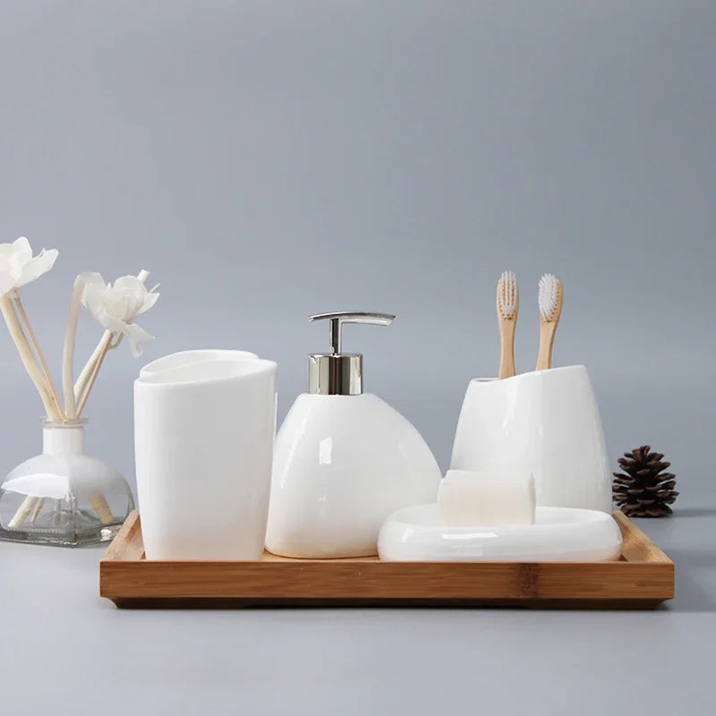 Axya Ceramic Bathroom Set: Soap Dispenser, Toothbrush Holder, Tumbler, Soap Dish & Cotton Swab Holder