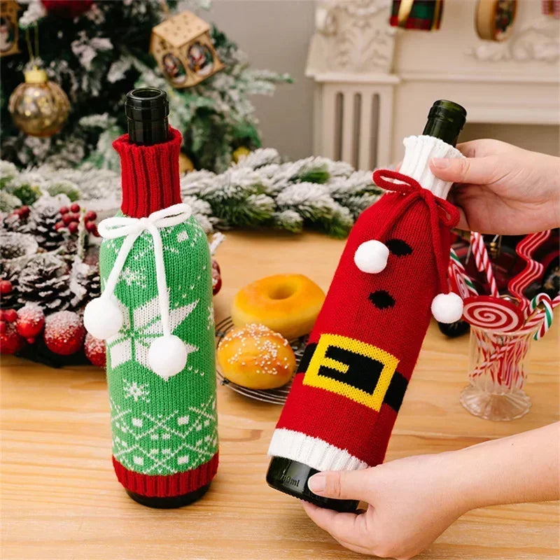Knitted Snowflake Elk Christmas Wine Bottle Cover by Axyaa