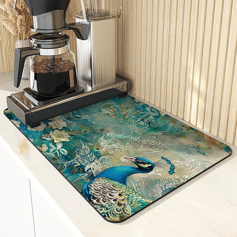 Axyaa Vintage Peacock Draining Mat - Quick Dry Kitchen & Bathroom Drain Pad