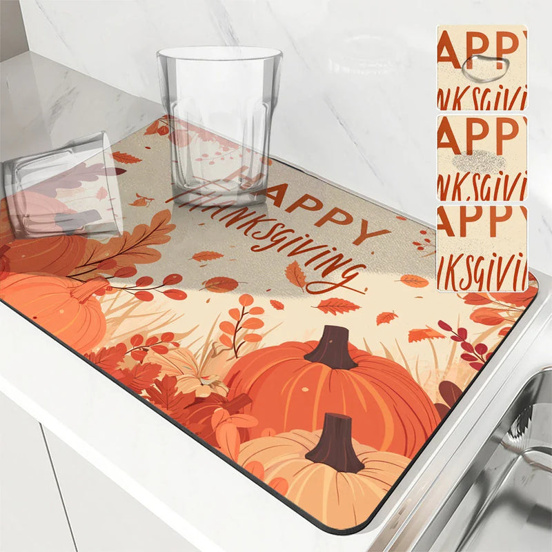Thanksgiving Drying Mat by Axyaa: Absorbent Placemat for Table Cup Drying - Anti-Slip Décor Accessory