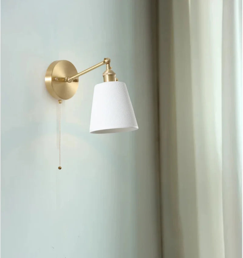 Axyaa White Ceramic LED Wall Sconce Lamp, Nordic Copper Minimalism for Living Room, Bedroom