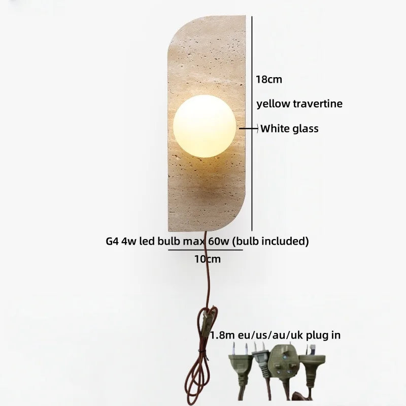 Axyaa White Glass Ball LED Wall Lamp Yellow Travertine Modern Bathroom Mirror Light