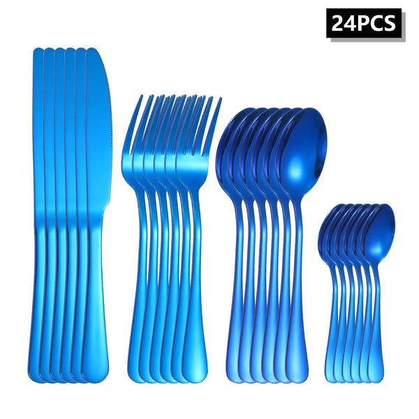 Axyaa 24-Piece Stainless Steel Cutlery Set, Blue Round Handle, Suitable for Home and Hospitality