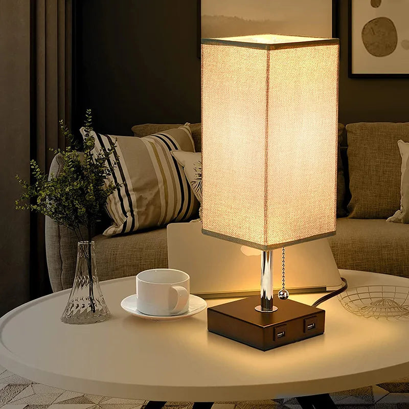 Axyaa USB Table Lamp with Pull Chain and Grey Fabric Shade