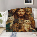 Axyaa Cat Jesus Print Flannel Blanket - Cozy Throw for Home, Office, or Travel