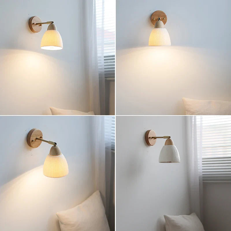 Axyaa White Ceramic LED Wall Sconce – Wooden Socket Stair Wall Light