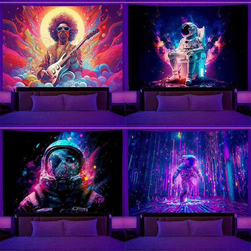 Axyaa Astronaut Tapestry Wall Hanging Fantasy Art Glow Under UV