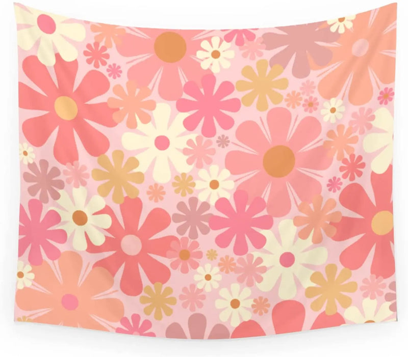 Axyaa Retro Floral Tapestry Wall Hanging: Orange & Green 70's Power Theme