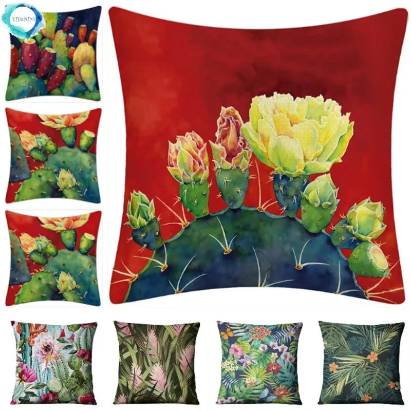 Luxurious Axyaa Succulent Cactus Flower Printed Linen Throw Pillow Case