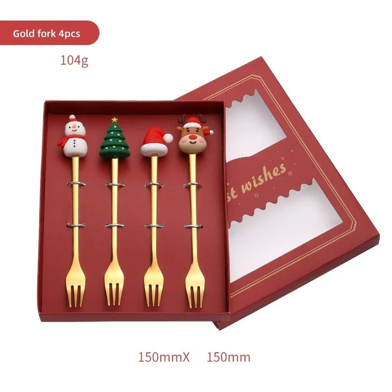 Axyaa Christmas Cutlery Set: Spoon, Fork, Elk Tree Decoration, Dessert Scoop