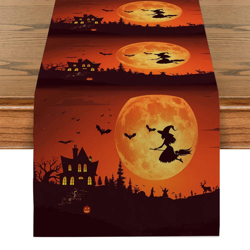 Axyaa Halloween Magic Broom Castle Table Runner - Farmhouse Wedding Party Decor