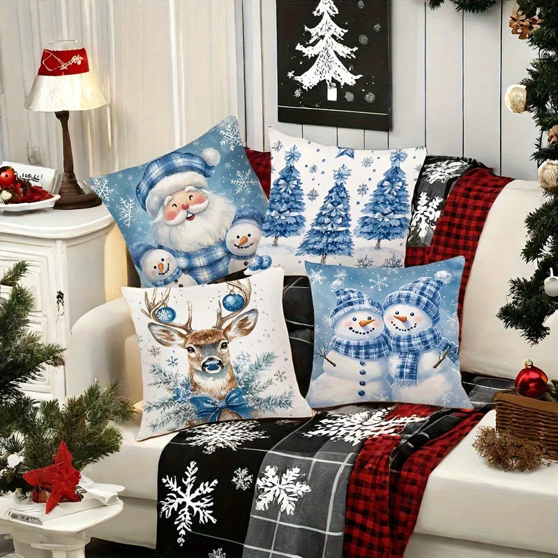 Axyaa Christmas Pillow Covers Set - Santa Claus, Snowman, Reindeer & Holiday Tree Designs