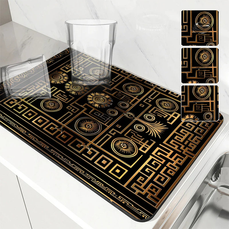 Axyaa Non-slip Dish Drying Mat: Heat Resistant, Absorbent, Ethnic Lines Design