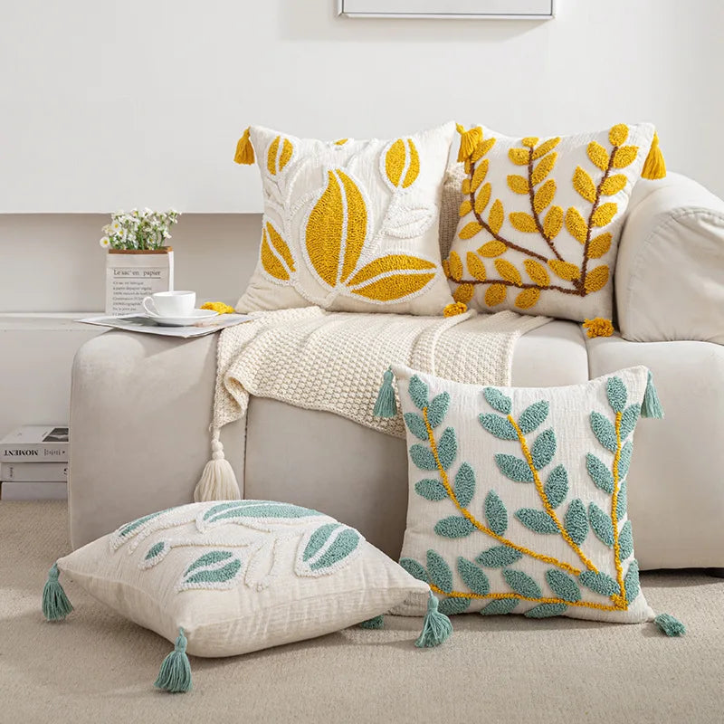 Axyaa Plant Tassels Tufted Leaves Cushion Cover 45x45cm