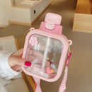 Axyaa Kawaii Flat Water Bottle with Straw Strap, BPA-Free, Portable & Cute