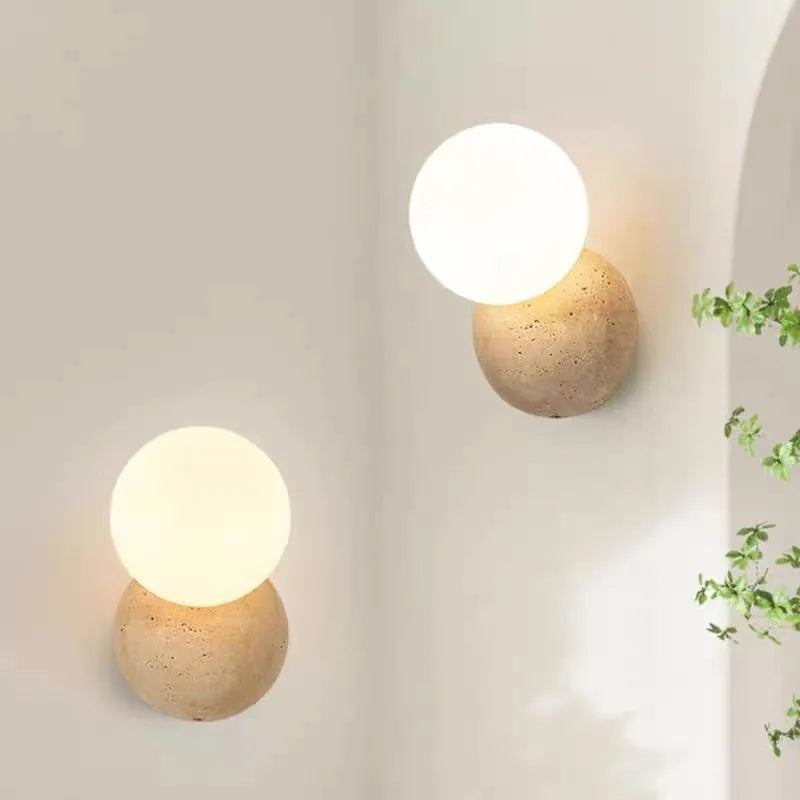 Axyaa Wabi Sabi LED Wall Light Yellow Travertine Stone Glass Ball Bedside Lamp