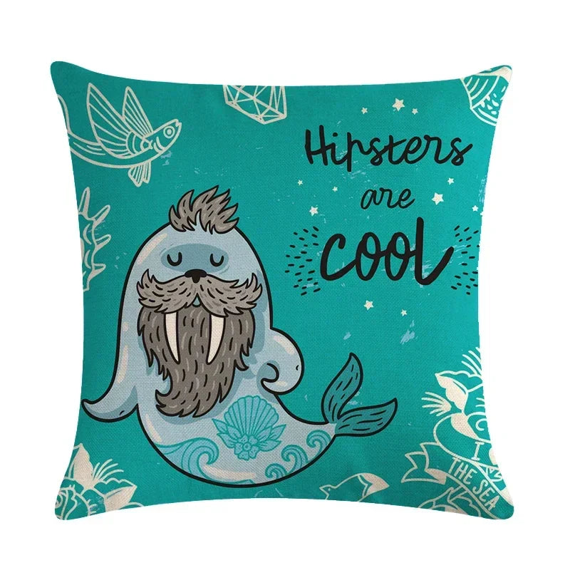 Axyaa Sea Lion Linen Pillowcase for Sofa Bedroom Children's Room Decor 45cm*45cm