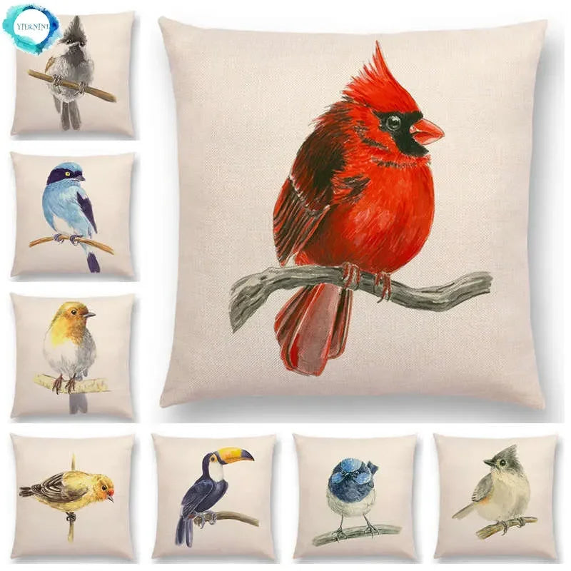 Birds Painting Cushion Cover - Axyaa Collection: Robin, Titmouse, Toucan, Sparrow, Firecrest, Cardinal, Bullfinch