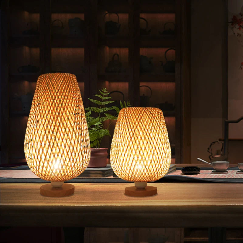 Axya Bamboo Table Lamp: Handmade Bedroom Living Room Decor Bedside Desk Light