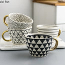 Axya Irregular Geometric Ceramic Coffee Cup with Gold Handle, Black & White Pattern