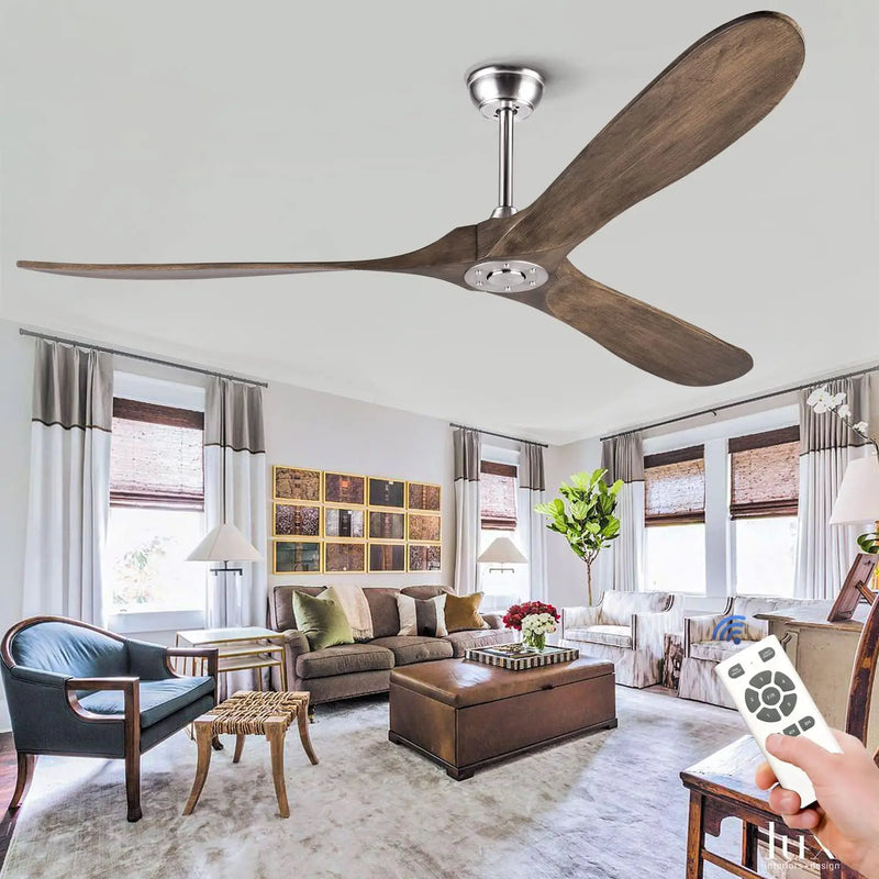 Axyaa 52/60/70in Retro Wooden Ceiling Fan, Remote Control, Black, Smart Inverter, No LED