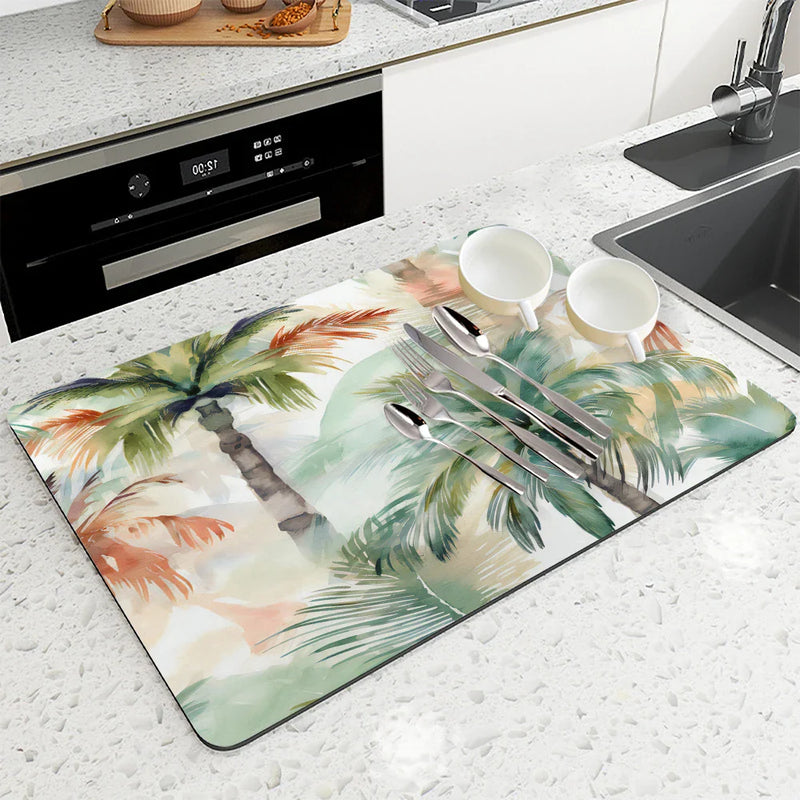 Axyaa Tropical Plants Watercolor Drying Mat: Non-Slip Absorbent Kitchen Counter Mat