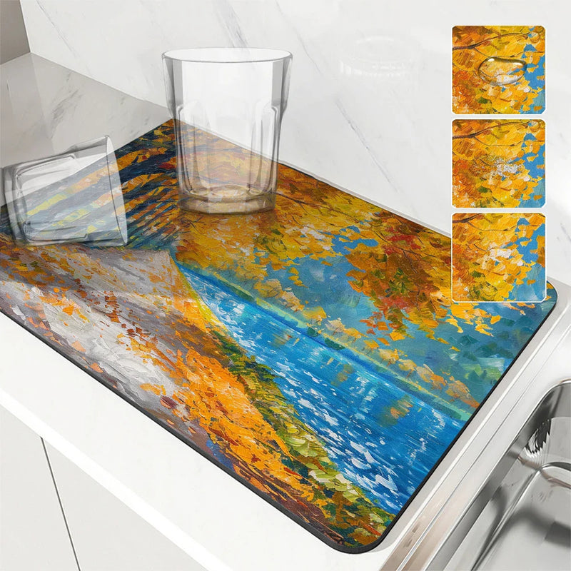 Axyaa Large Kitchen Coffee Dish Draining Mat - Quick Dry, Absorbent, Anti-slip