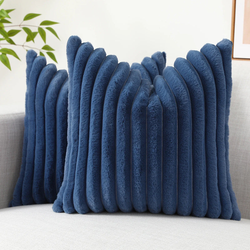 Axyaa 16x16 Faux Fur Striped Pillow Covers 2pcs - Soft Plush Velvet Back