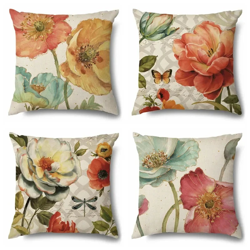 Axyaa Rose Butterfly Print Cotton Linen Pillowcase for Modern Living Room Decor