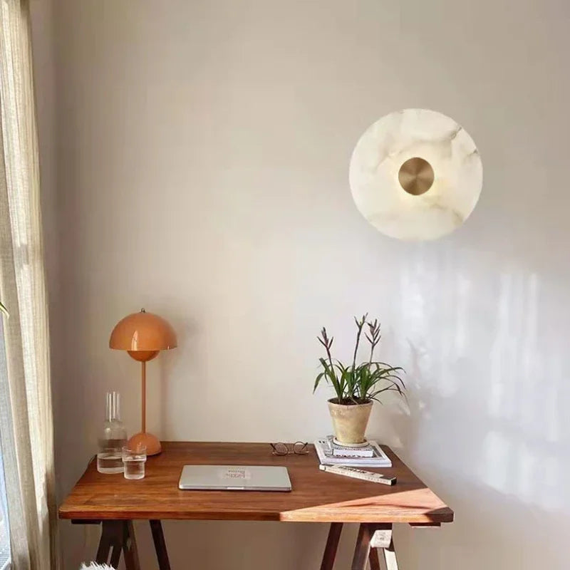 Art Deco Round LED Marble Brass Wall Sconce by Axyaa - Elegant Parlor Aisle Corridor Lighting